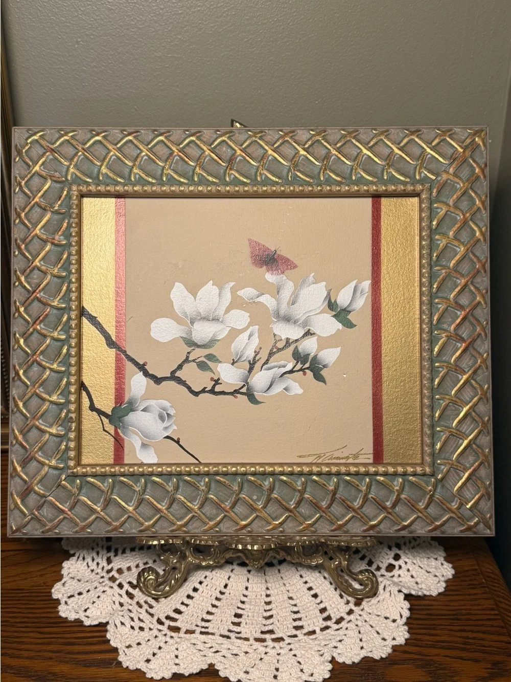 Vintage Original Signed Oil Painting Magnolia Branch Butterfly Floral Framed